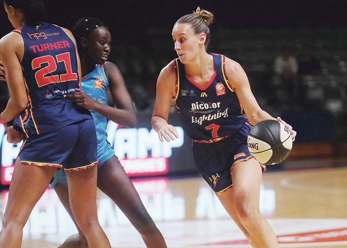 On an elevated stage