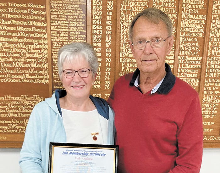 Life membership presented to Moonta bowler Val Andrew post image